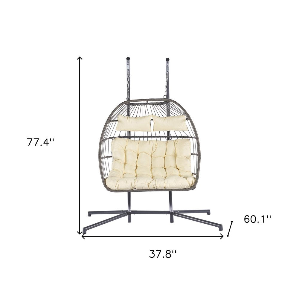 38" Beige And Gray Faux Rattan Iron Outdoor Folding Egg Chair with Beige Cushion