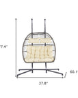 38" Beige And Gray Faux Rattan Iron Outdoor Folding Egg Chair with Beige Cushion