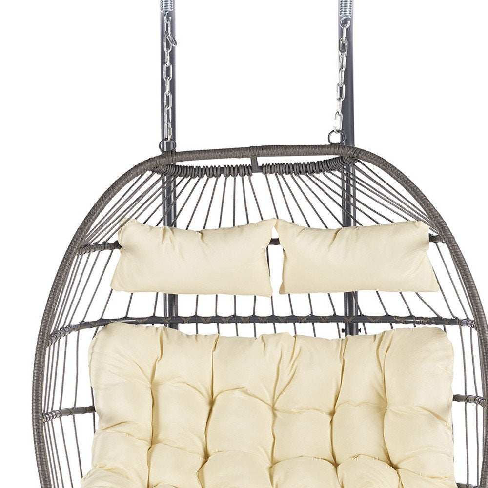 38" Beige And Gray Faux Rattan Iron Outdoor Folding Egg Chair with Beige Cushion
