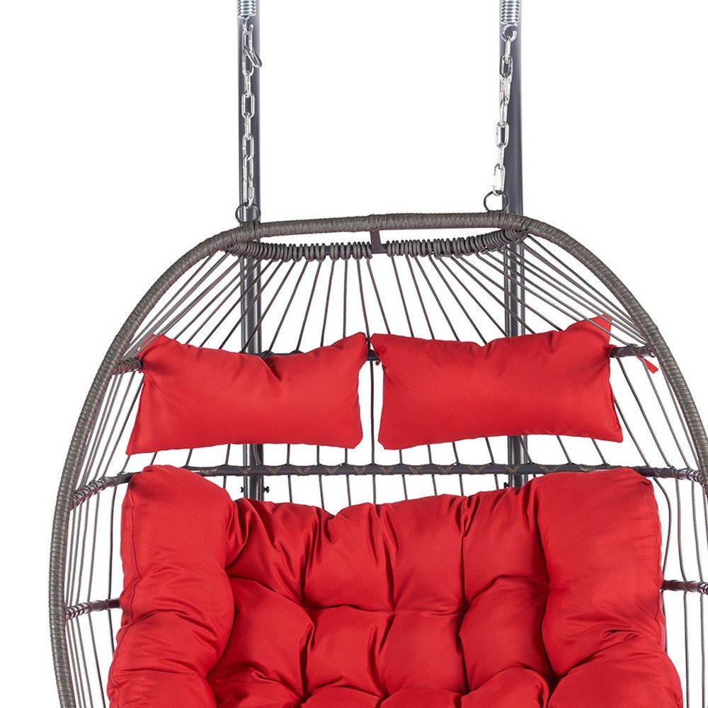 38" Gray And Red Faux Rattan Iron Outdoor Folding Egg Chair with Red Cushion