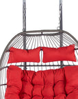 38" Gray And Red Faux Rattan Iron Outdoor Folding Egg Chair with Red Cushion