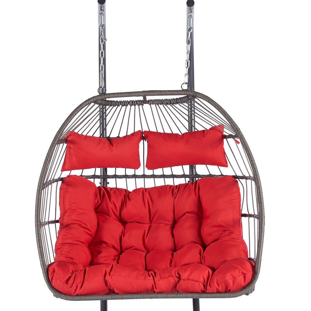 38" Gray And Red Faux Rattan Iron Outdoor Folding Egg Chair with Red Cushion
