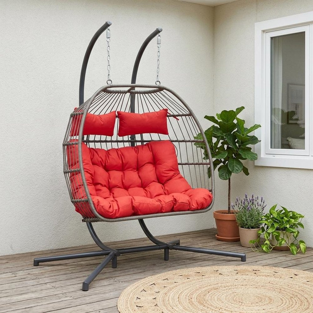38" Gray And Red Faux Rattan Iron Outdoor Folding Egg Chair with Red Cushion