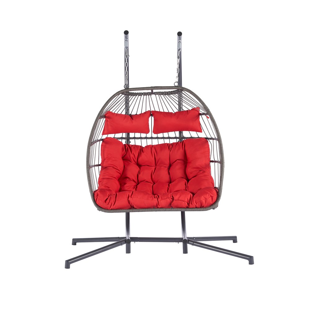 38" Gray And Red Faux Rattan Iron Outdoor Folding Egg Chair with Red Cushion