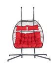 38" Gray And Red Faux Rattan Iron Outdoor Folding Egg Chair with Red Cushion