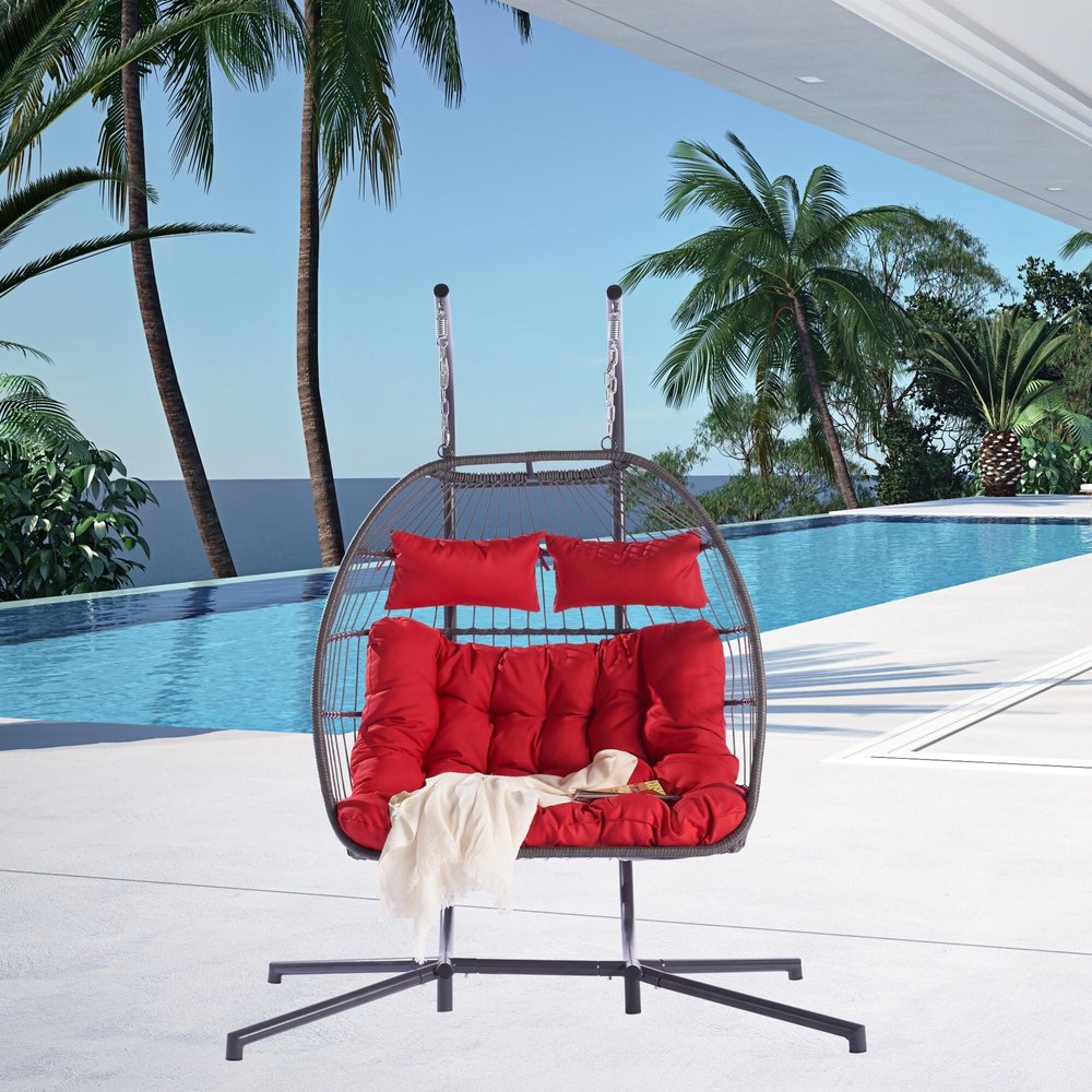 38" Gray And Red Faux Rattan Iron Outdoor Folding Egg Chair with Red Cushion