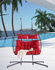 38" Gray And Red Faux Rattan Iron Outdoor Folding Egg Chair with Red Cushion