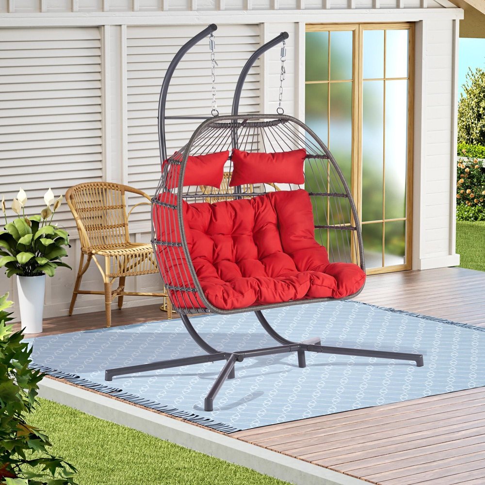 38" Gray And Red Faux Rattan Iron Outdoor Folding Egg Chair with Red Cushion