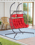 38" Gray And Red Faux Rattan Iron Outdoor Folding Egg Chair with Red Cushion