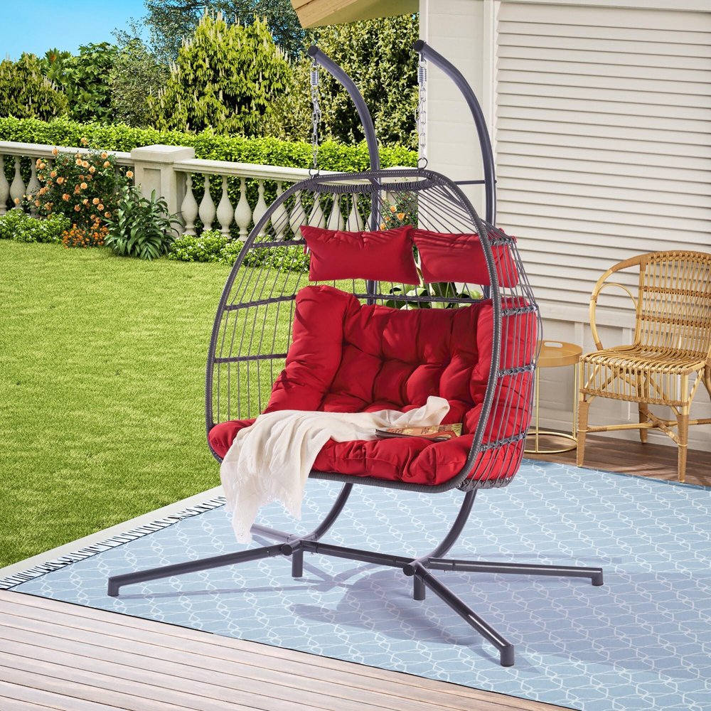 38" Gray And Red Faux Rattan Iron Outdoor Folding Egg Chair with Red Cushion