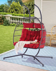 38" Gray And Red Faux Rattan Iron Outdoor Folding Egg Chair with Red Cushion