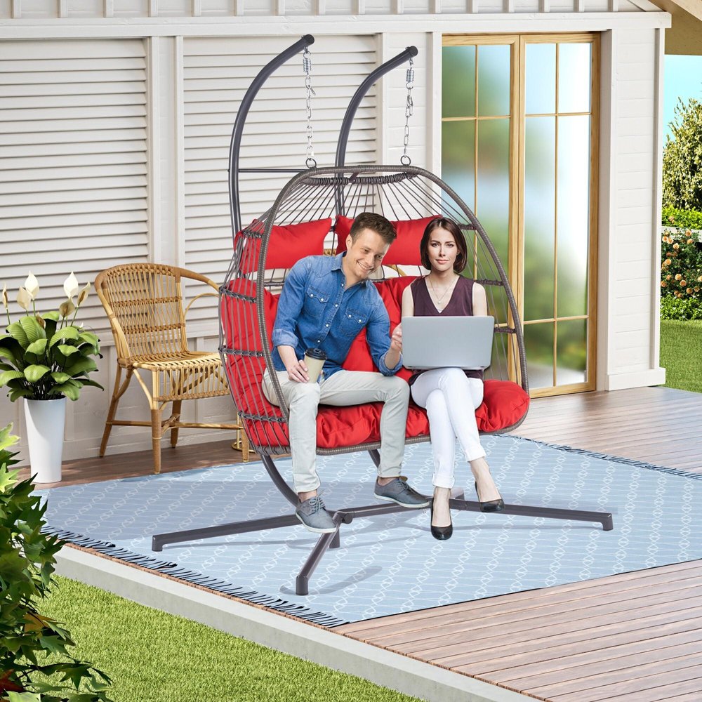38" Gray And Red Faux Rattan Iron Outdoor Folding Egg Chair with Red Cushion