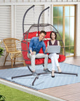 38" Gray And Red Faux Rattan Iron Outdoor Folding Egg Chair with Red Cushion