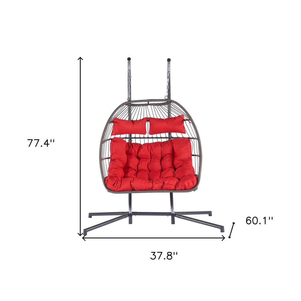 38" Gray And Red Faux Rattan Iron Outdoor Folding Egg Chair with Red Cushion