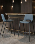 Set of Two 30" Blue And Black Faux Leather And Fabric And Steel Low Back Bar Height Bar Chairs