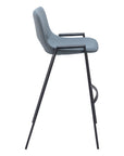 Set of Two 30" Blue And Black Faux Leather And Fabric And Steel Low Back Bar Height Bar Chairs