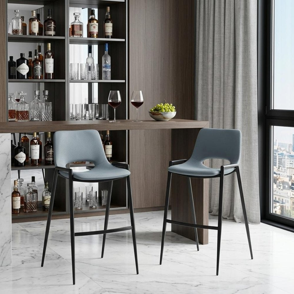 Set of Two 30" Blue And Black Faux Leather And Fabric And Steel Low Back Bar Height Bar Chairs