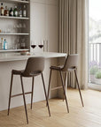 Set of Two 30" Brown Faux Leather And Fabric And Steel Low Back Bar Height Bar Chairs