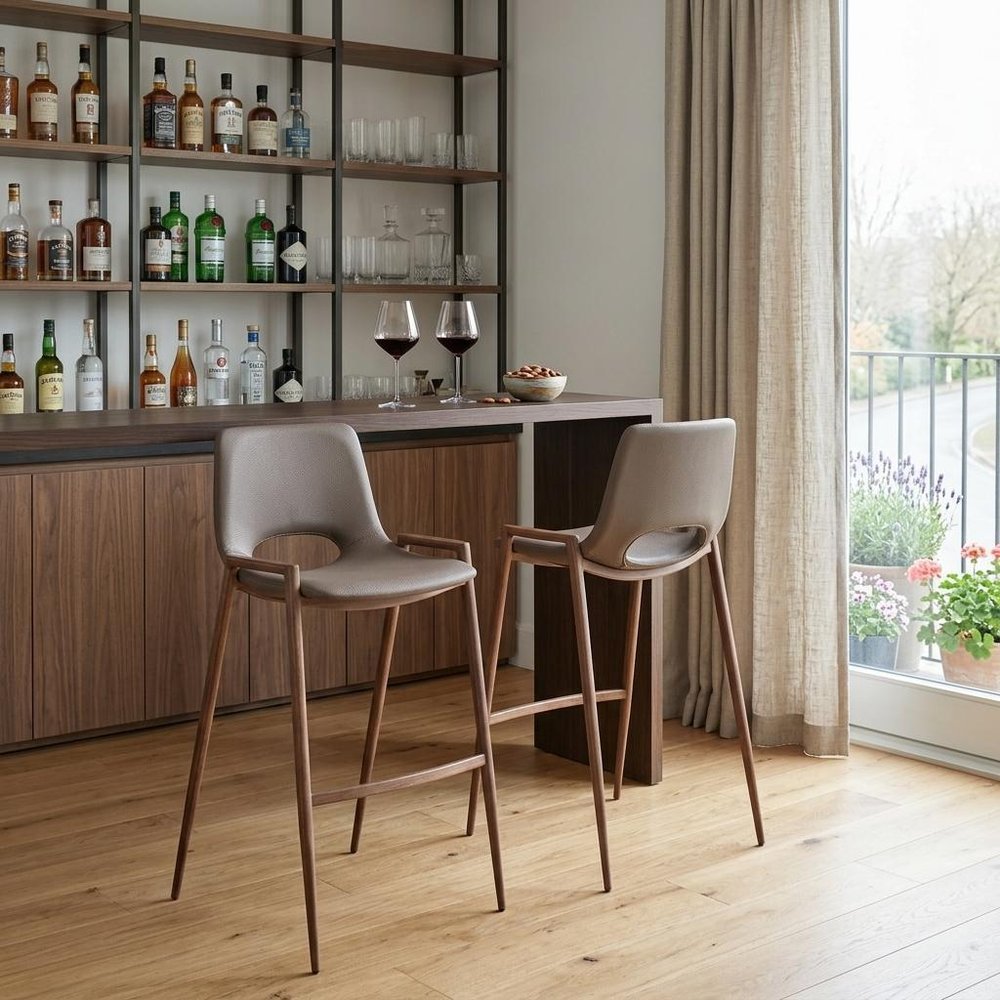 Set of Two 30" Brown Faux Leather And Fabric And Steel Low Back Bar Height Bar Chairs