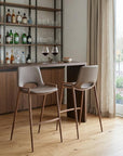Set of Two 30" Brown Faux Leather And Fabric And Steel Low Back Bar Height Bar Chairs
