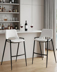Set of Two 30" White And Black Faux Leather And Fabric And Steel Low Back Bar Height Bar Chairs