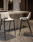 Set of Two 30" White And Black Faux Leather And Fabric And Steel Low Back Bar Height Bar Chairs