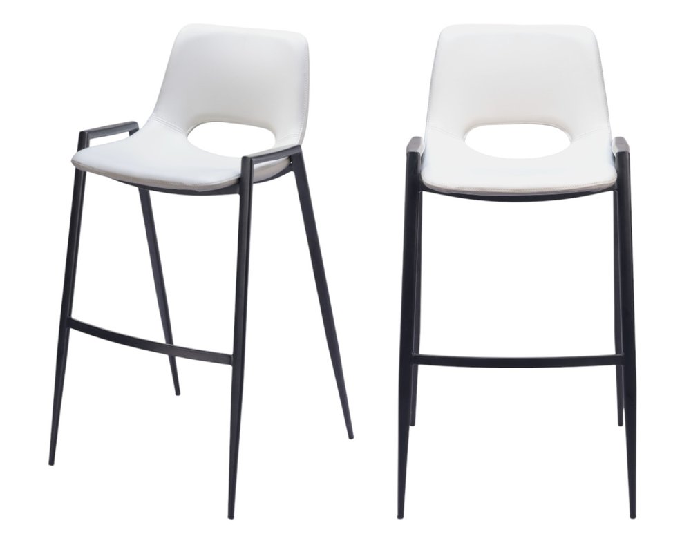 Set of Two 30" White And Black Faux Leather And Fabric And Steel Low Back Bar Height Bar Chairs