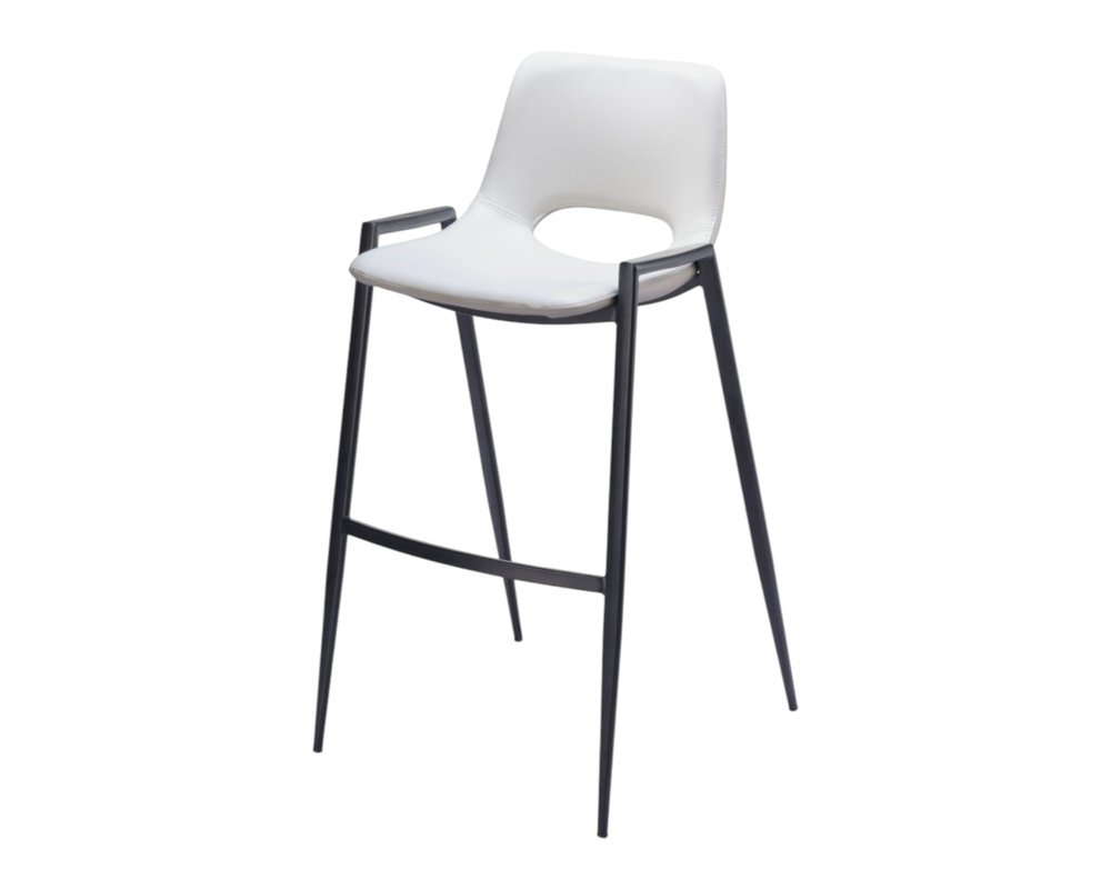 Set of Two 30" White And Black Faux Leather And Fabric And Steel Low Back Bar Height Bar Chairs