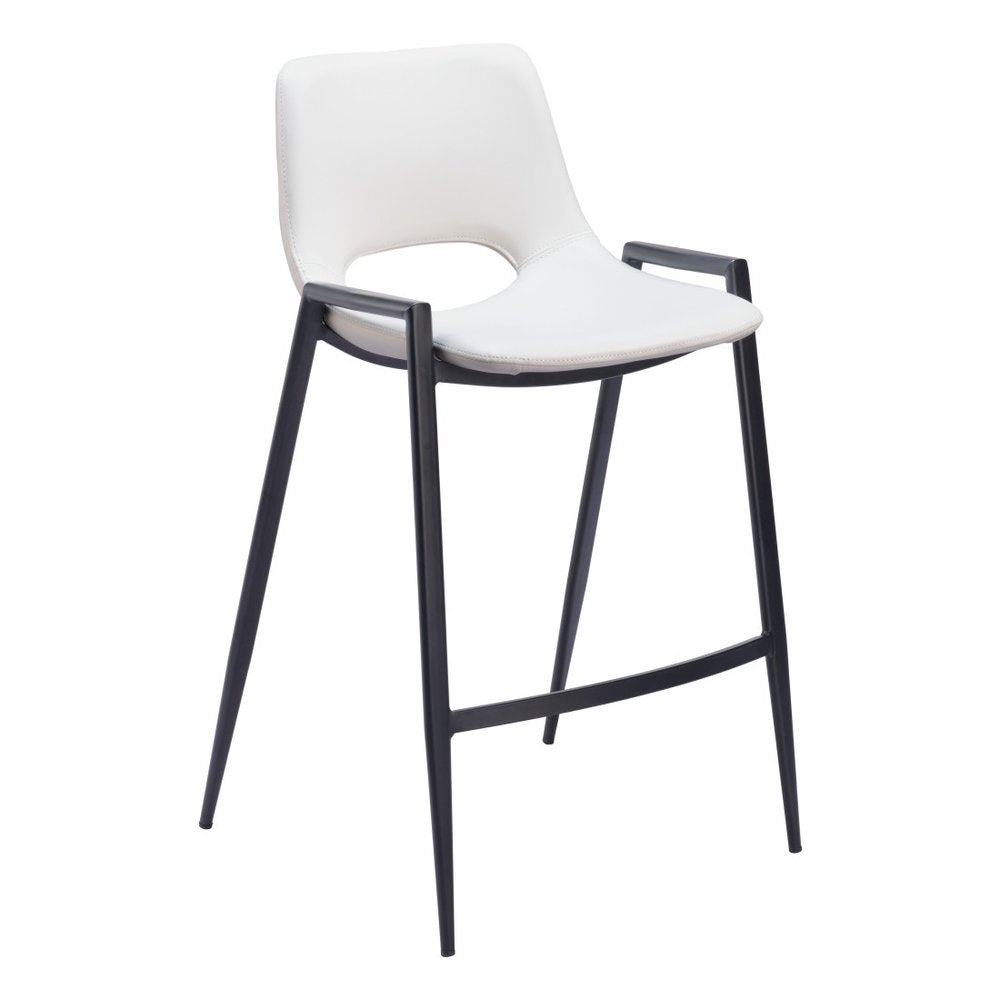 Set of Two 26" White And Black Faux Leather And Fabric And Steel Low Back Counter Height Bar Chairs