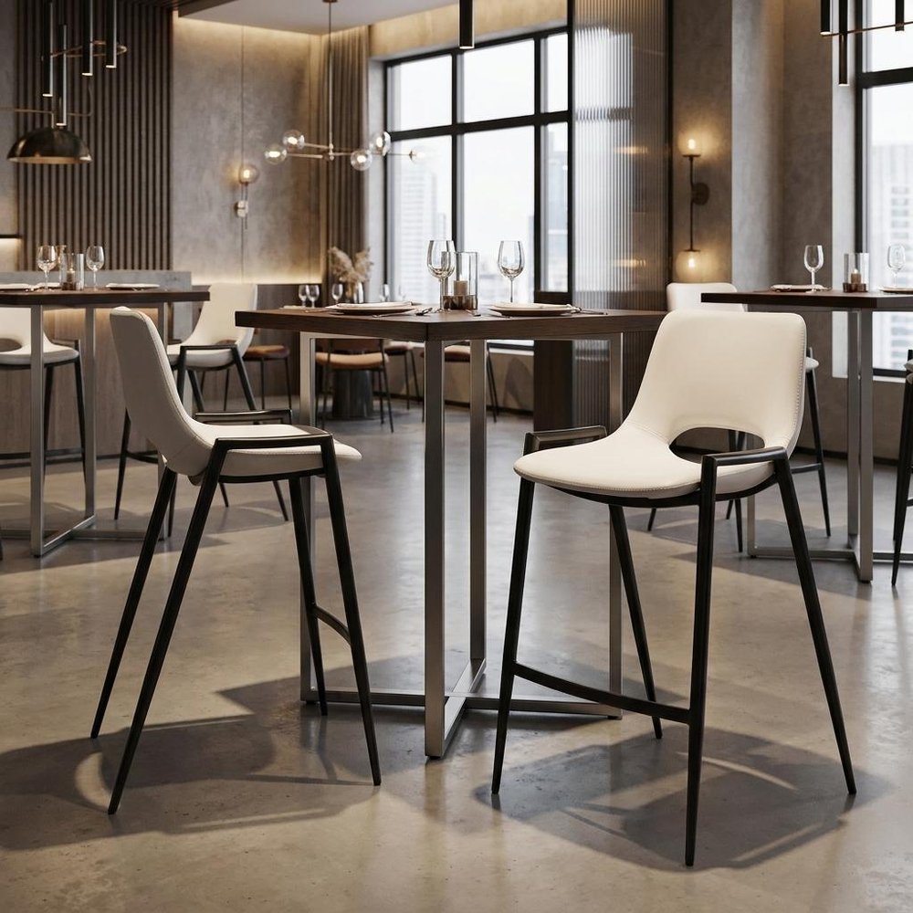 Set of Two 26" White And Black Faux Leather And Fabric And Steel Low Back Counter Height Bar Chairs