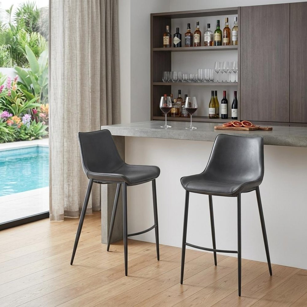 Set of Two 30" Dark Gray And Black Faux Leather And Fabric And Steel Bar Height Bar Chairs