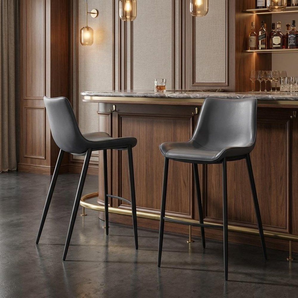 Set of Two 30" Dark Gray And Black Faux Leather And Fabric And Steel Bar Height Bar Chairs