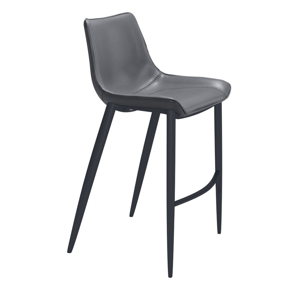 Set of Two 30" Dark Gray And Black Faux Leather And Fabric And Steel Bar Height Bar Chairs