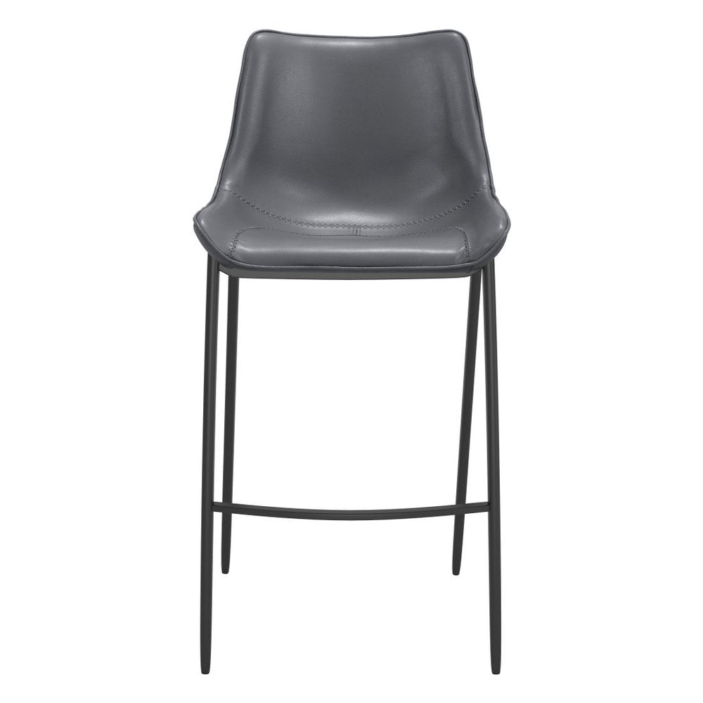 Set of Two 30" Dark Gray And Black Faux Leather And Fabric And Steel Bar Height Bar Chairs