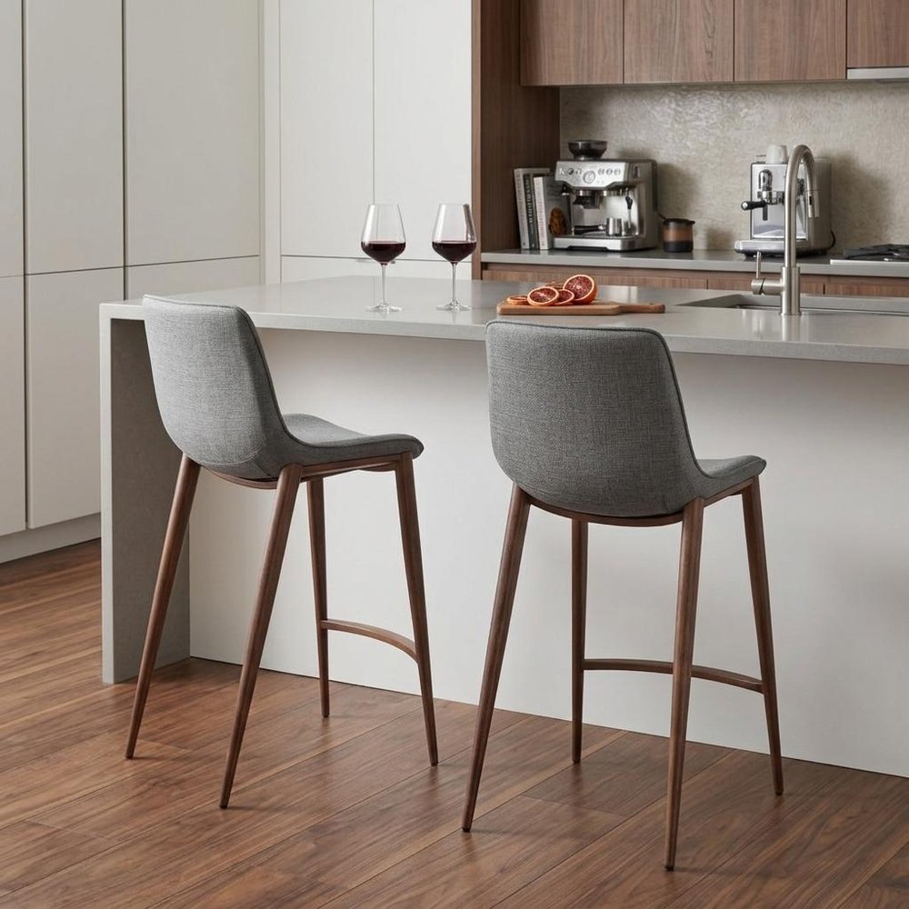 Set of Two 26" Slate Gray And Brown Faux Leather And Fabric And Steel Counter Height Bar Chairs