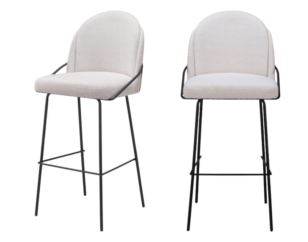 Set of Two 30" Ivory And Black Shearling And Fabric And Steel Bar Height Bar Chairs