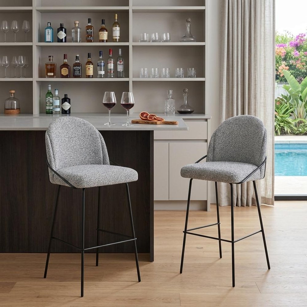 Set of Two 30" Light Gray And Black Shearling And Fabric And Steel Bar Height Bar Chairs