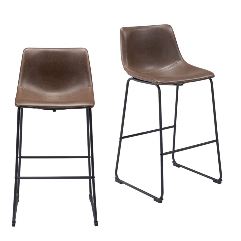 Set of Two 29" Espresso And Black Faux Leather And Steel Counter Height Bar Chairs