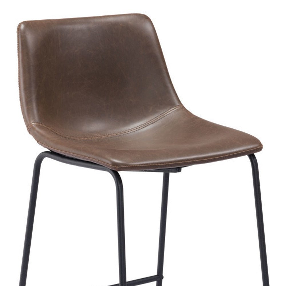 Set of Two 29" Espresso And Black Faux Leather And Steel Counter Height Bar Chairs