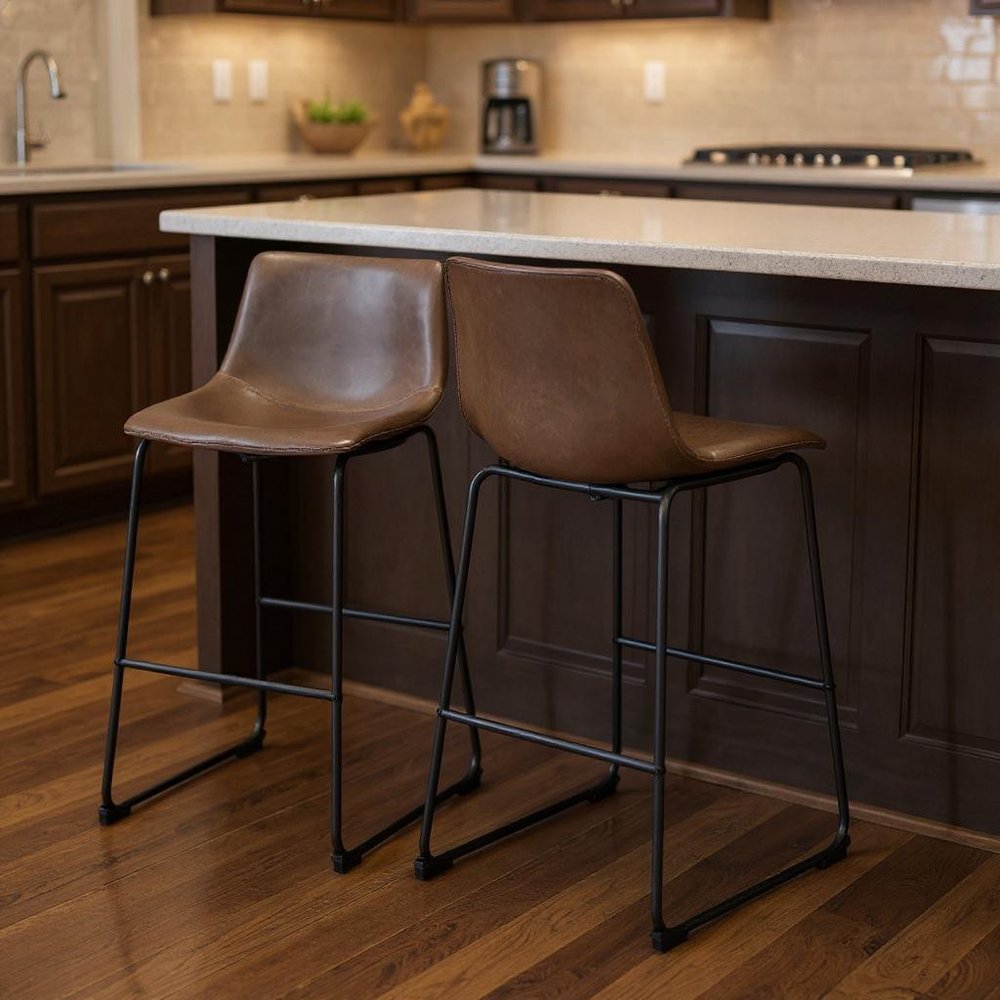 Set of Two 29" Espresso And Black Faux Leather And Steel Counter Height Bar Chairs