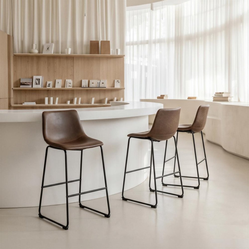 Set of Two 29" Espresso And Black Faux Leather And Steel Counter Height Bar Chairs