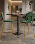 Set of Two 26" Green And Gold Velvet And Steel Counter Height Bar Chairs