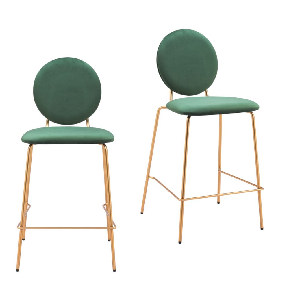 Set of Two 26" Green And Gold Velvet And Steel Counter Height Bar Chairs