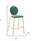 Set of Two 26" Green And Gold Velvet And Steel Counter Height Bar Chairs