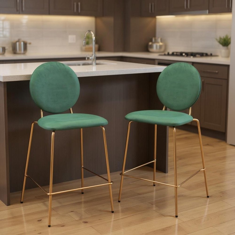 Set of Two 26" Green And Gold Velvet And Steel Counter Height Bar Chairs