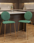 Set of Two 26" Green And Gold Velvet And Steel Counter Height Bar Chairs