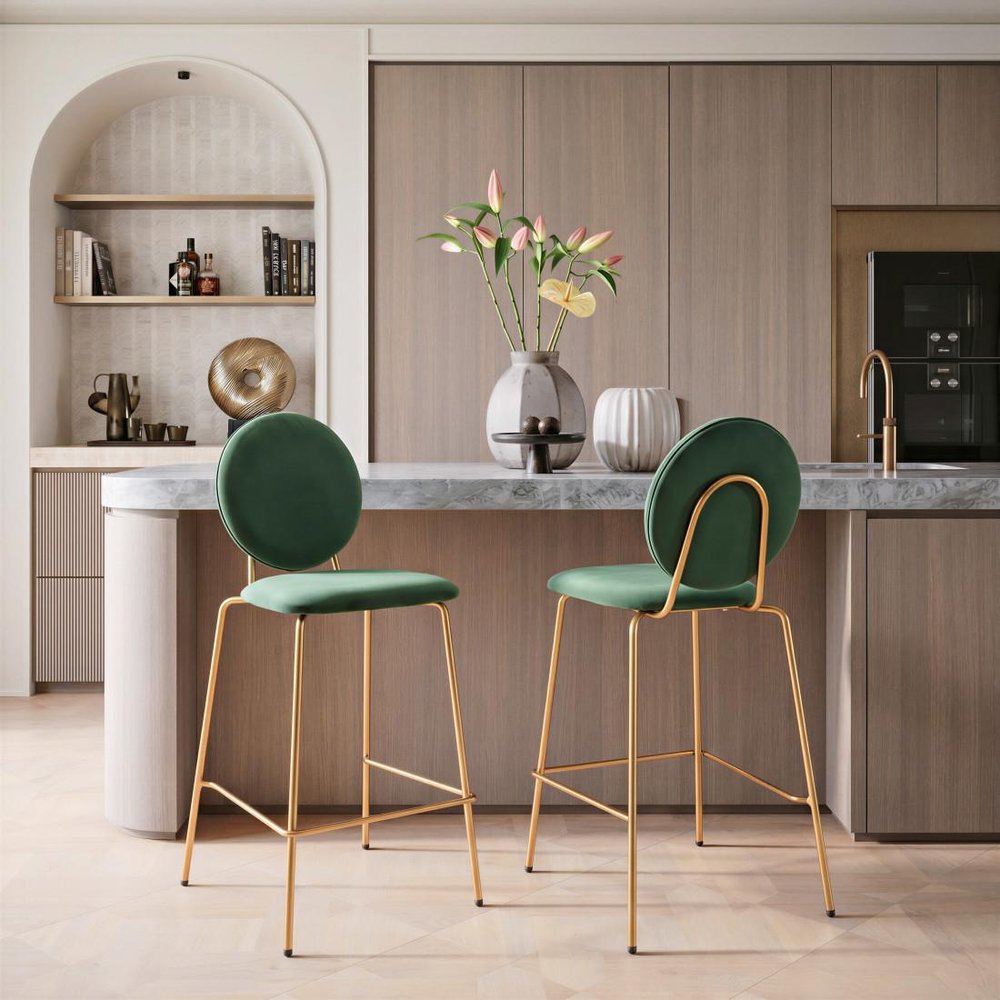 Set of Two 26" Green And Gold Velvet And Steel Counter Height Bar Chairs