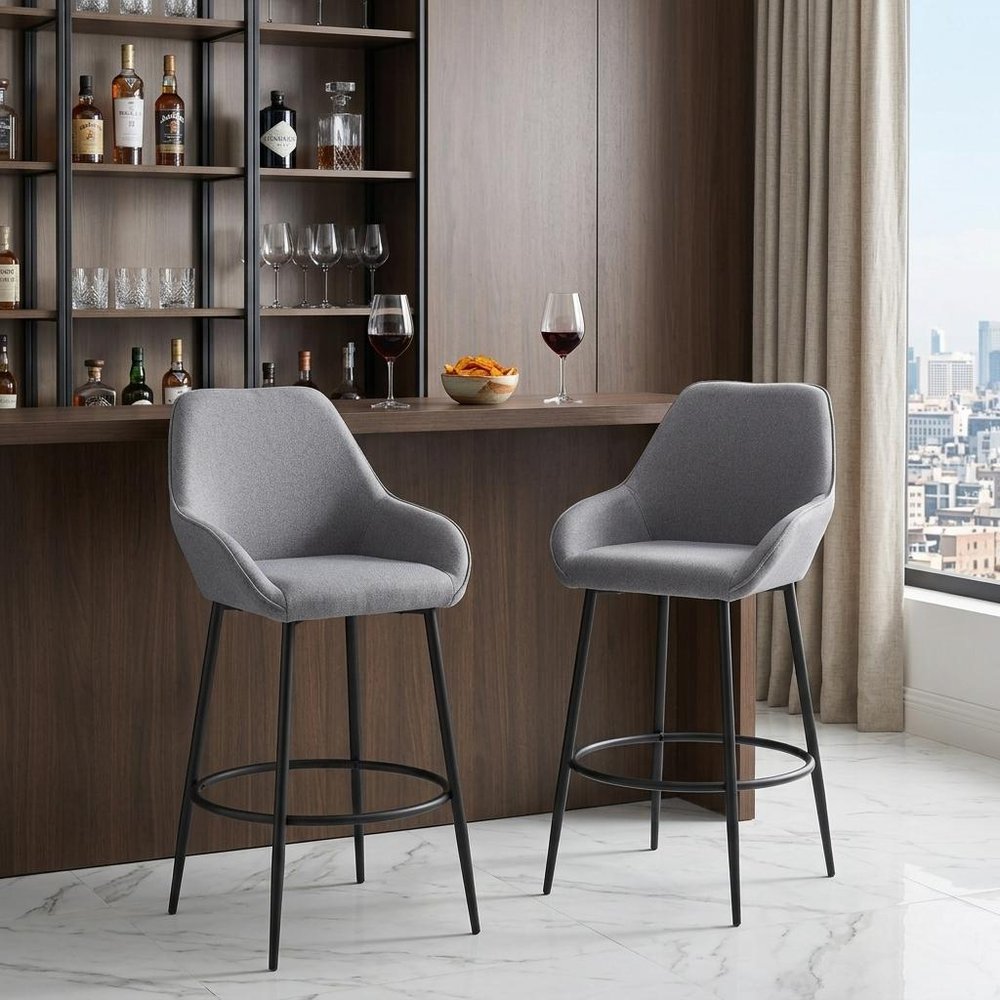Set of Two 30" Gray And Black Fabric And Steel Bar Height Bar Chairs