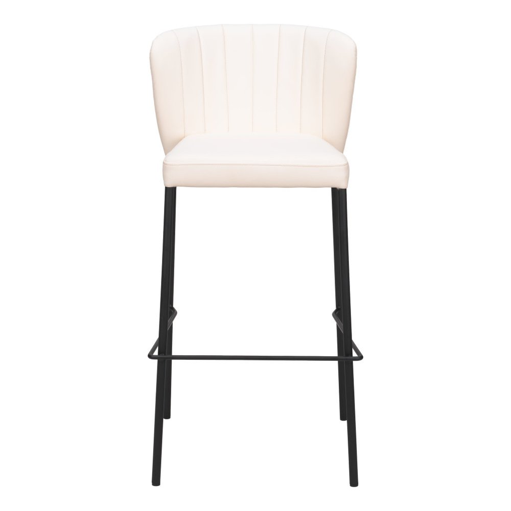 Set of Two 29" Cream And Black Faux Leather And Fabric And Steel Bar Height Bar Chairs