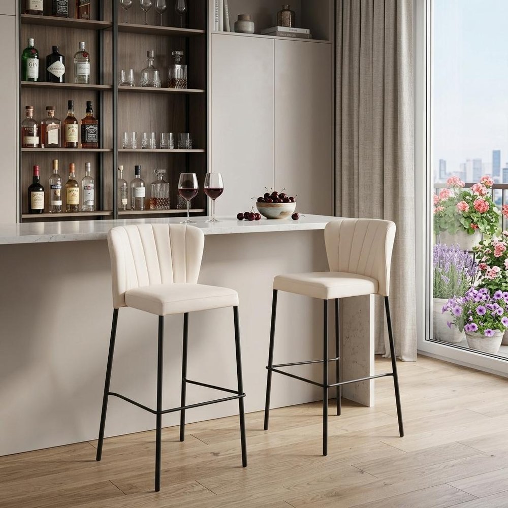Set of Two 29" Cream And Black Faux Leather And Fabric And Steel Bar Height Bar Chairs